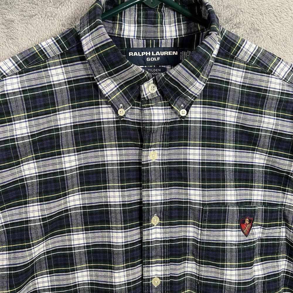 Vintage Ralph Lauren Golf Mens XL Button Down Green Blue Plaid Tilden Crest Logo